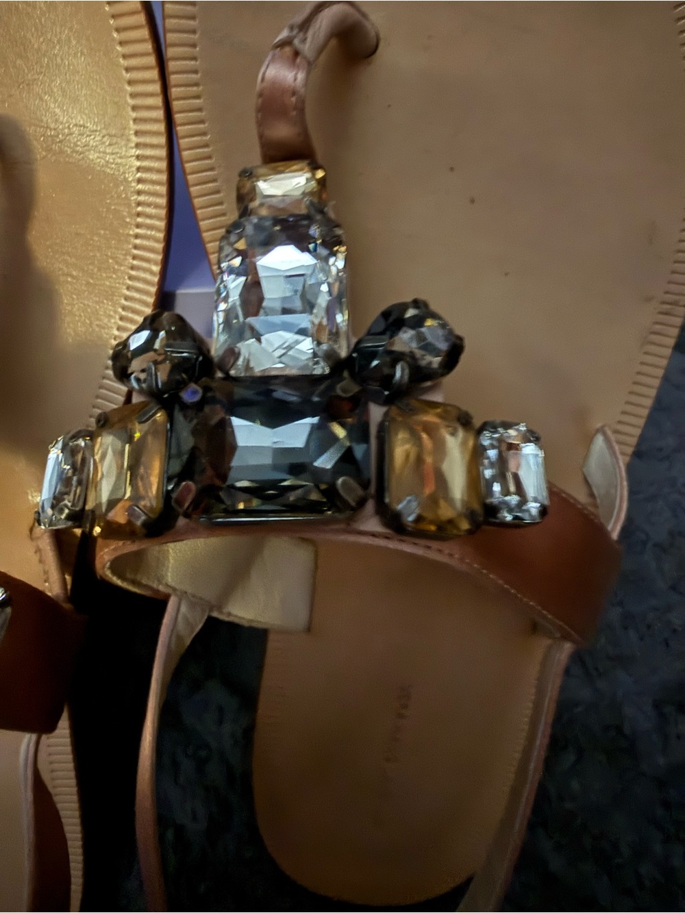 Vera Wang Rose Gold Leather Sandal with Multi-Stone Crystal Cluster